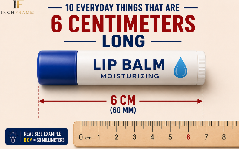 Lip balm tube showing 6 centimeters long with ruler comparison and measurement infographic