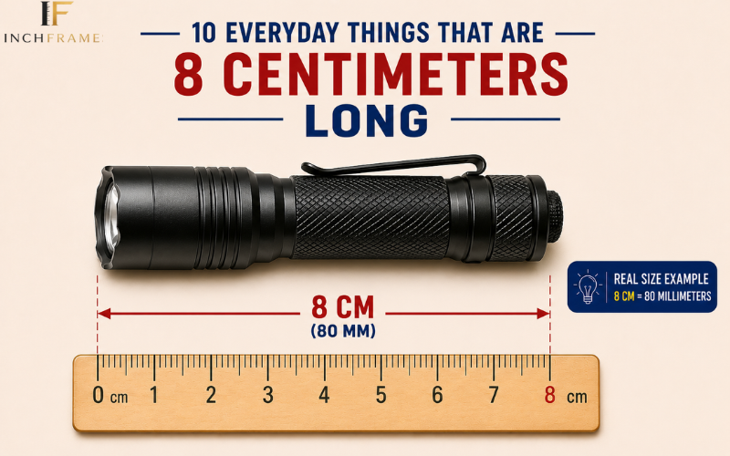 Pocket flashlight measuring 8 centimeters with ruler and size comparison infographic showing 10 everyday things that are 8 centimeters long.