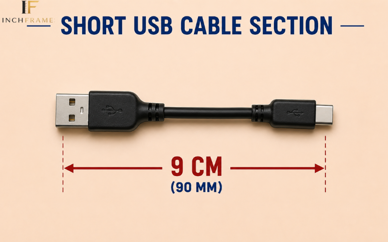 Short USB cable section measuring 9 centimeters