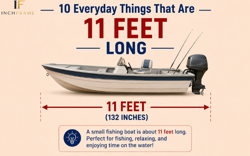 "Featured image showing a small fishing boat with a measurement arrow labeled 11 feet (132 inches) under the title '10 Everyday Things That Are 11 Feet Long' on a light beige infographic background."